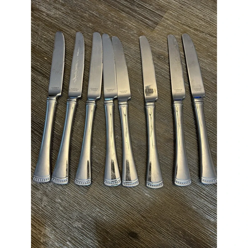 Lenox Portola 18/10 Stainless Steel Dinner Knives Beaded Flatware Lot of 8